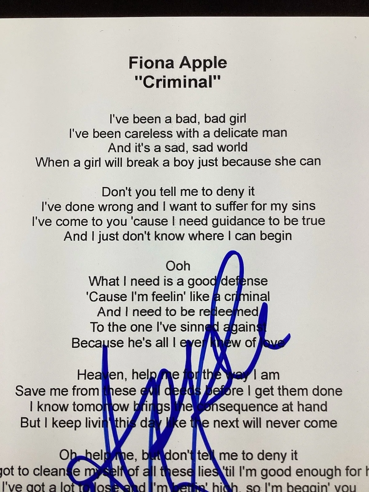 Fiona Apple Signed Lyrics Sheet Criminal Pop Music Autograph JSA, image 4