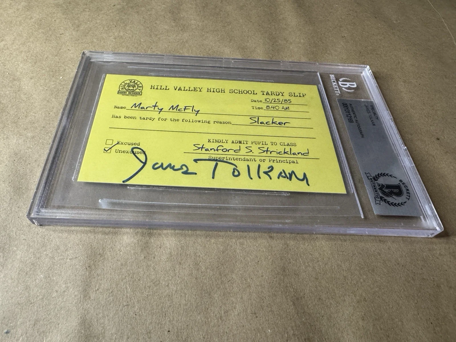 James Tolkan — Signed James Tolkan Autographed Back to the Future Detention Slip Tardy Slab, изображение 2