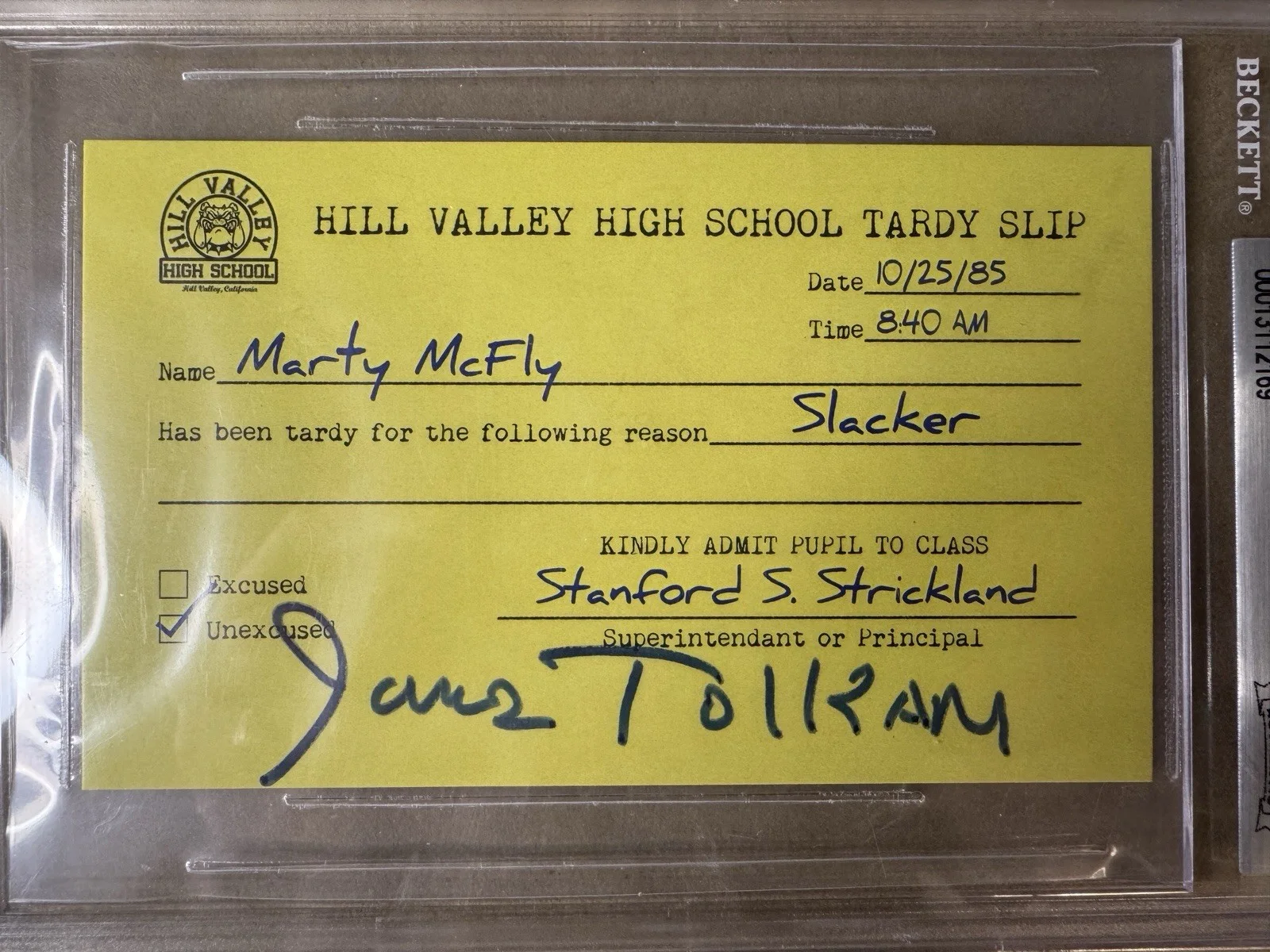 James Tolkan — Signed James Tolkan Autographed Back to the Future Detention Slip Tardy Slab, изображение 3
