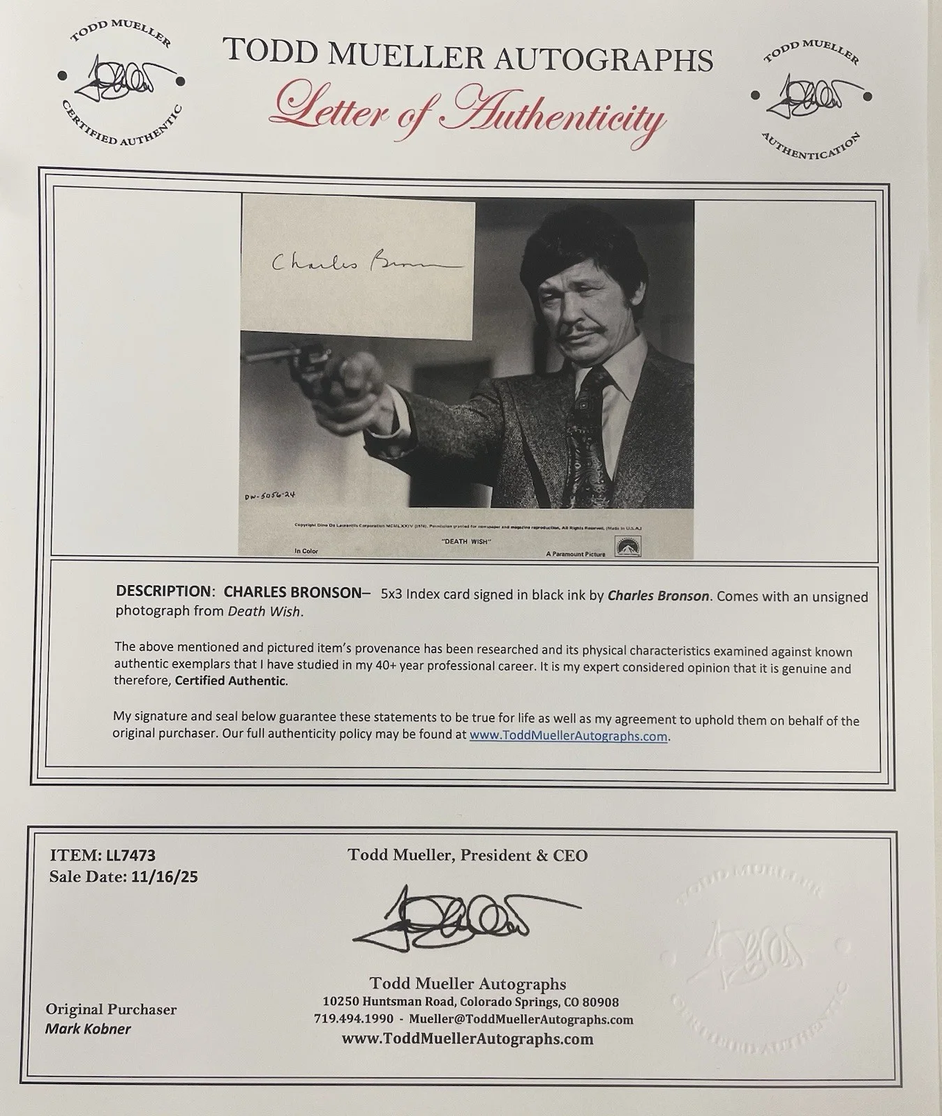 Charles Bronson — Charles Bronson “Death Wish” Signed Card With a vintage B&W 8x10 Photo COA, изображение 3