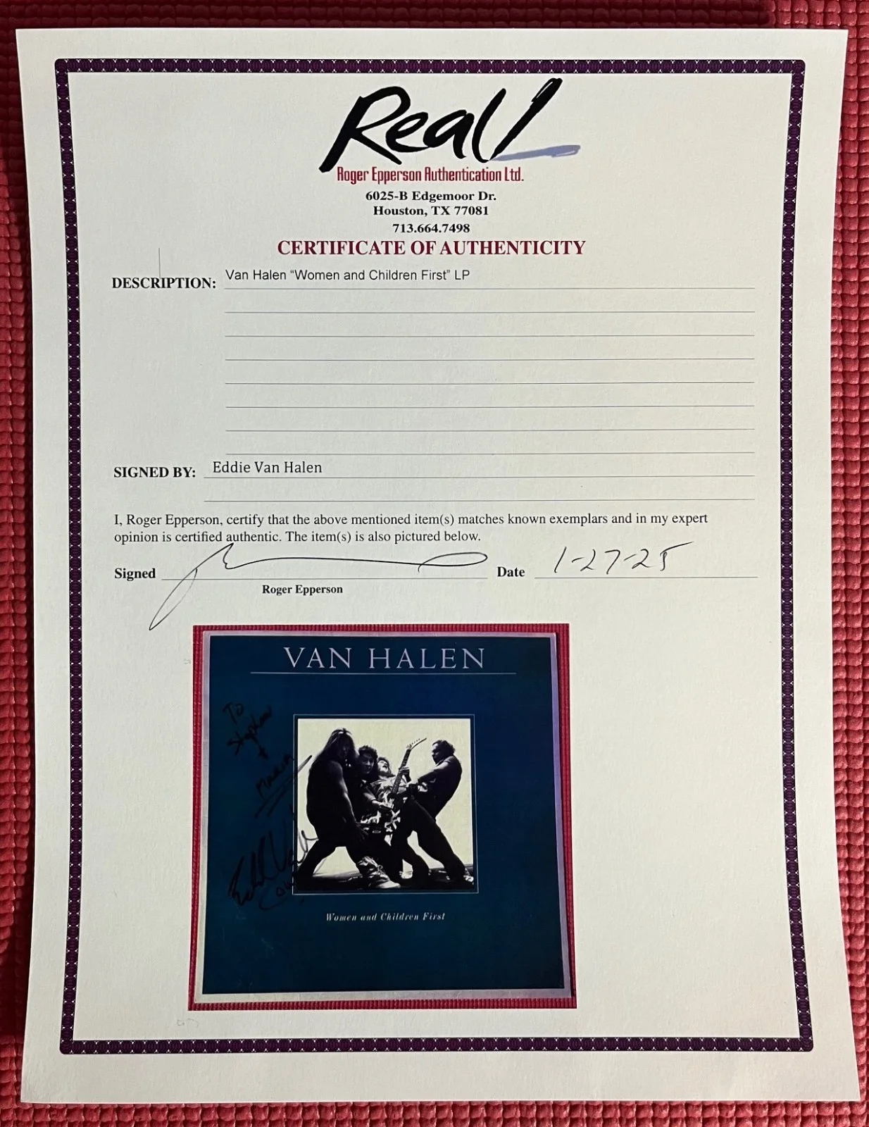 EPPERSON signed EDWARD VAN HALEN autographed "WOMEN and CHILDREN FIRST" Album, image 5
