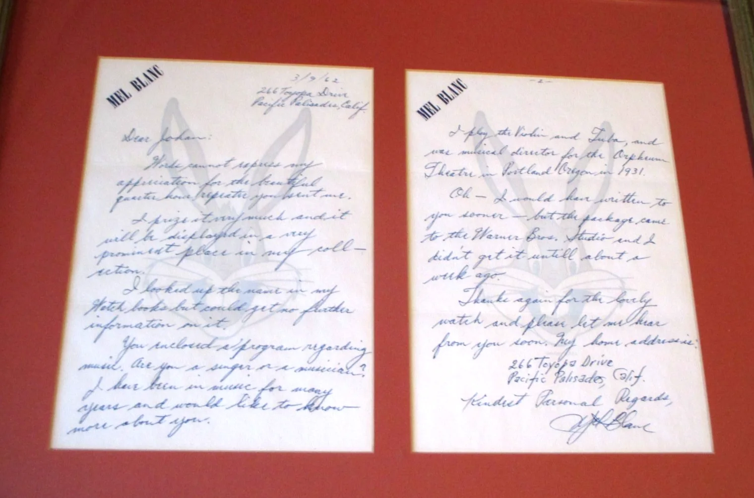 MEL BLANC — 1962- MEL BLANC-2-ORG-LETTERHEAD-BUGS BUNNY-WRITTEN LETTERS- SIGNED-LOONEY TUNES