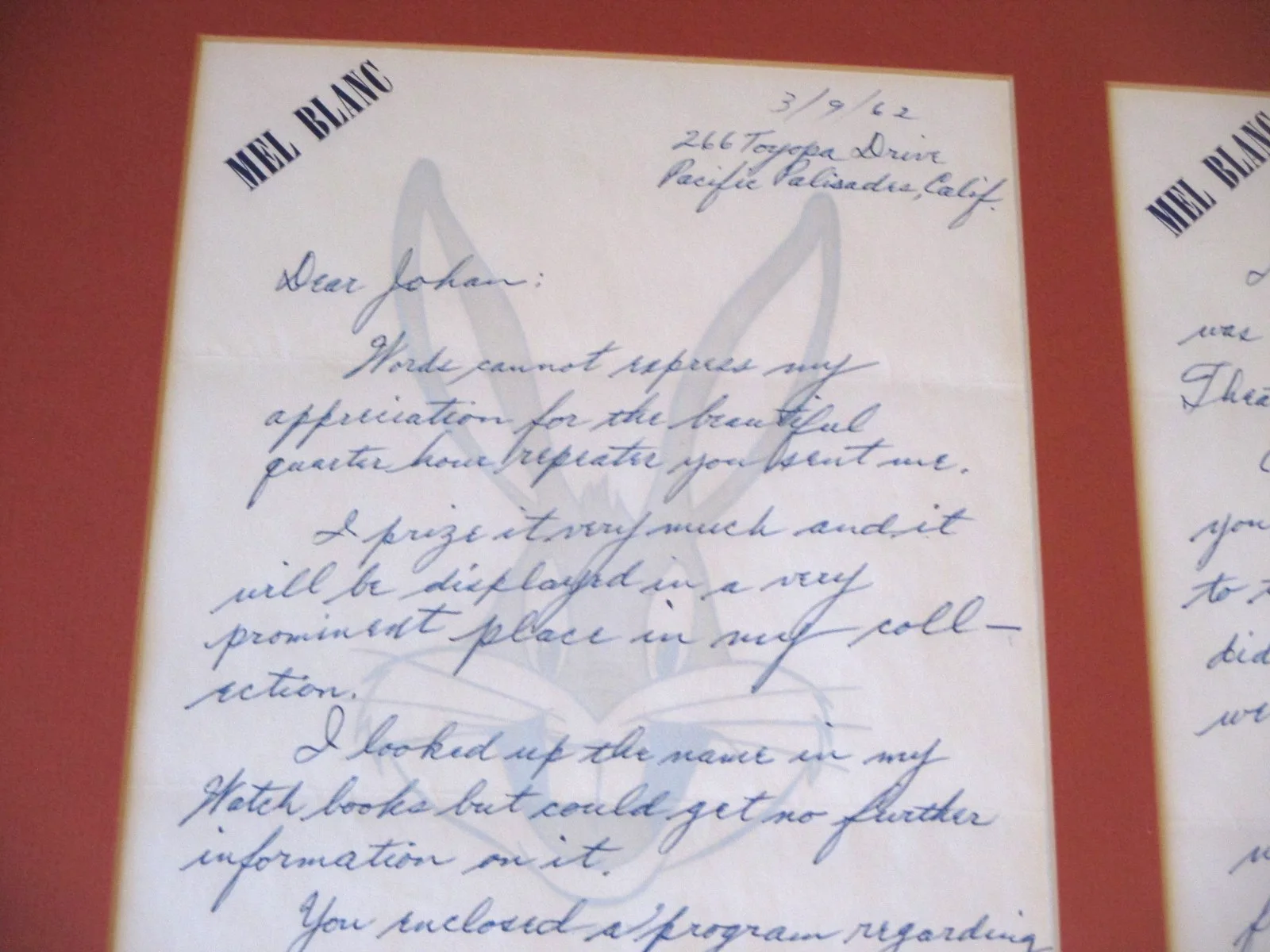 MEL BLANC — 1962- MEL BLANC-2-ORG-LETTERHEAD-BUGS BUNNY-WRITTEN LETTERS- SIGNED-LOONEY TUNES, изображение 3