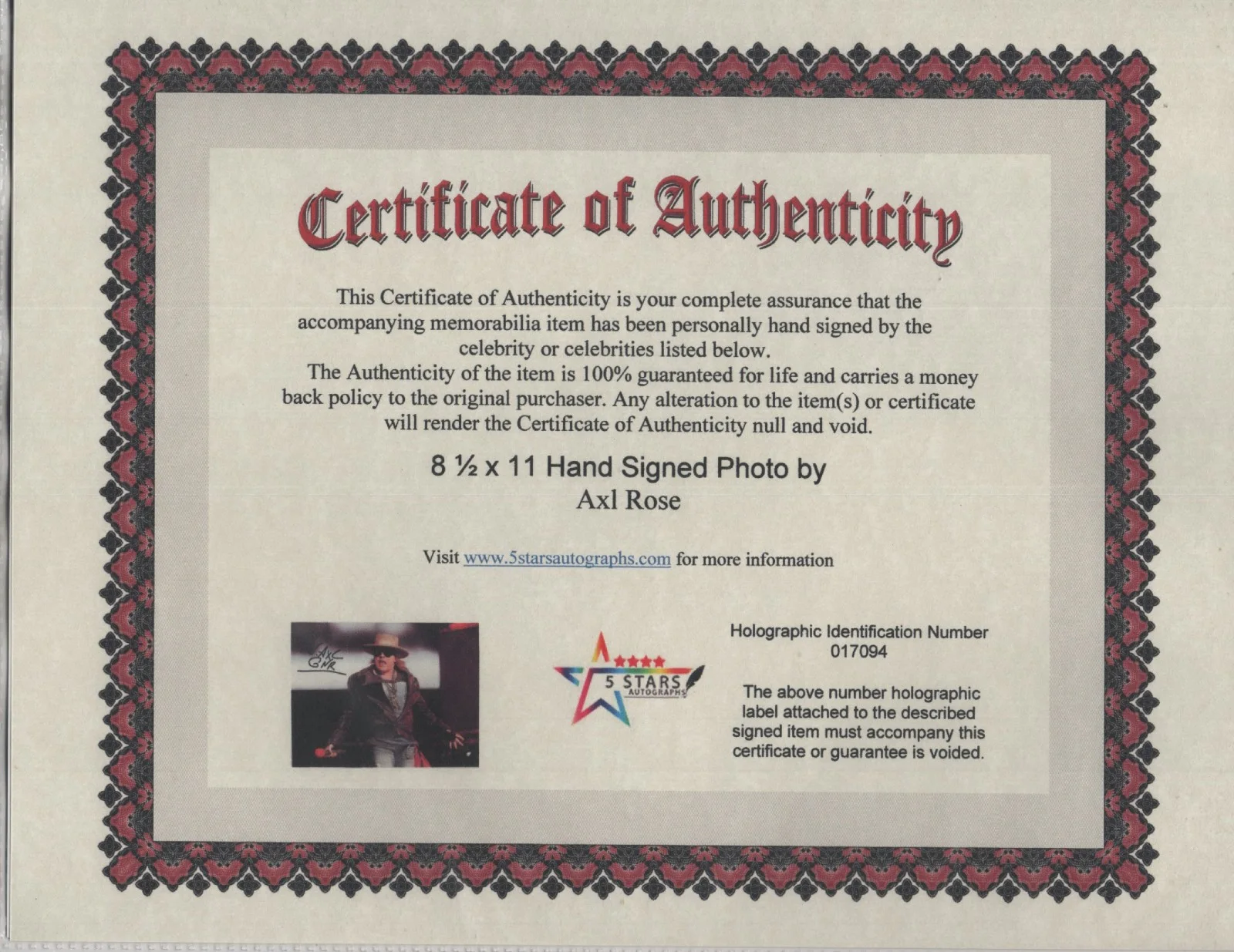 AXL ROSE AUTOGRAPHED 8 1/2 X 11 COLOR PHOTO / COA, изображение 2