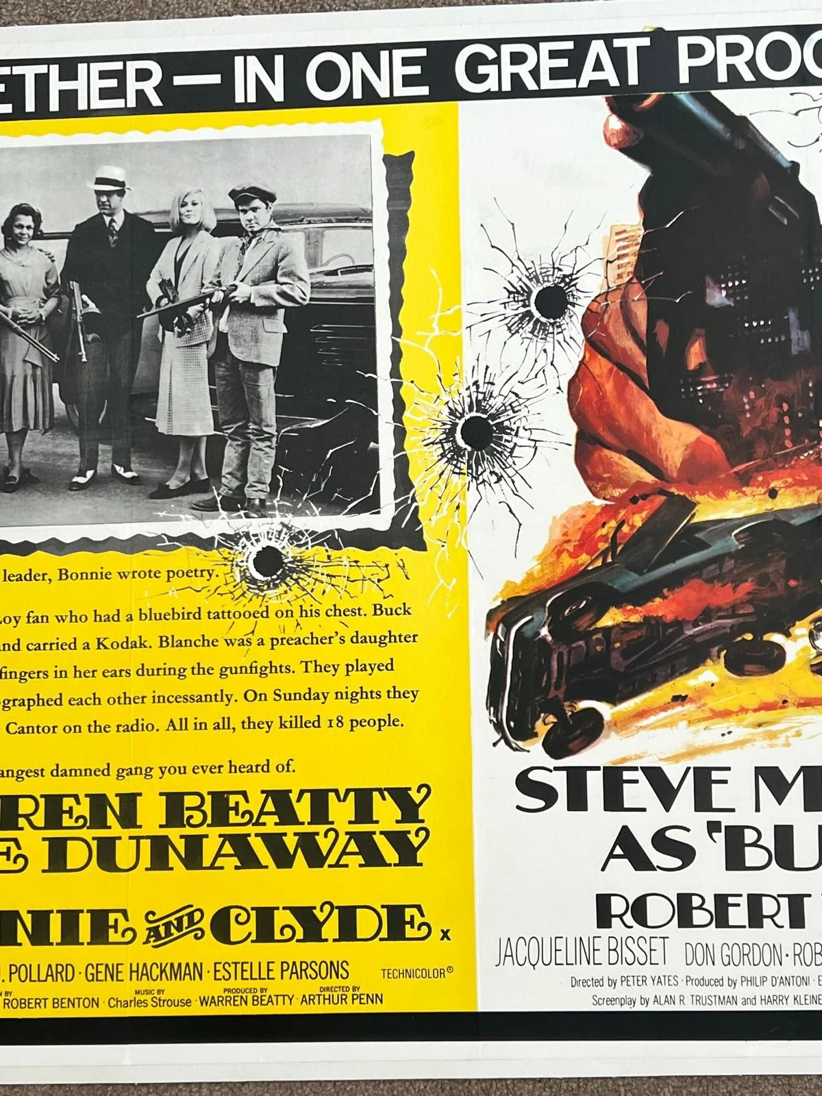 Bonnie and Clyde & Bullitt Original British Quad Poster 30x40 LINEN BACKED 67/68, image 5