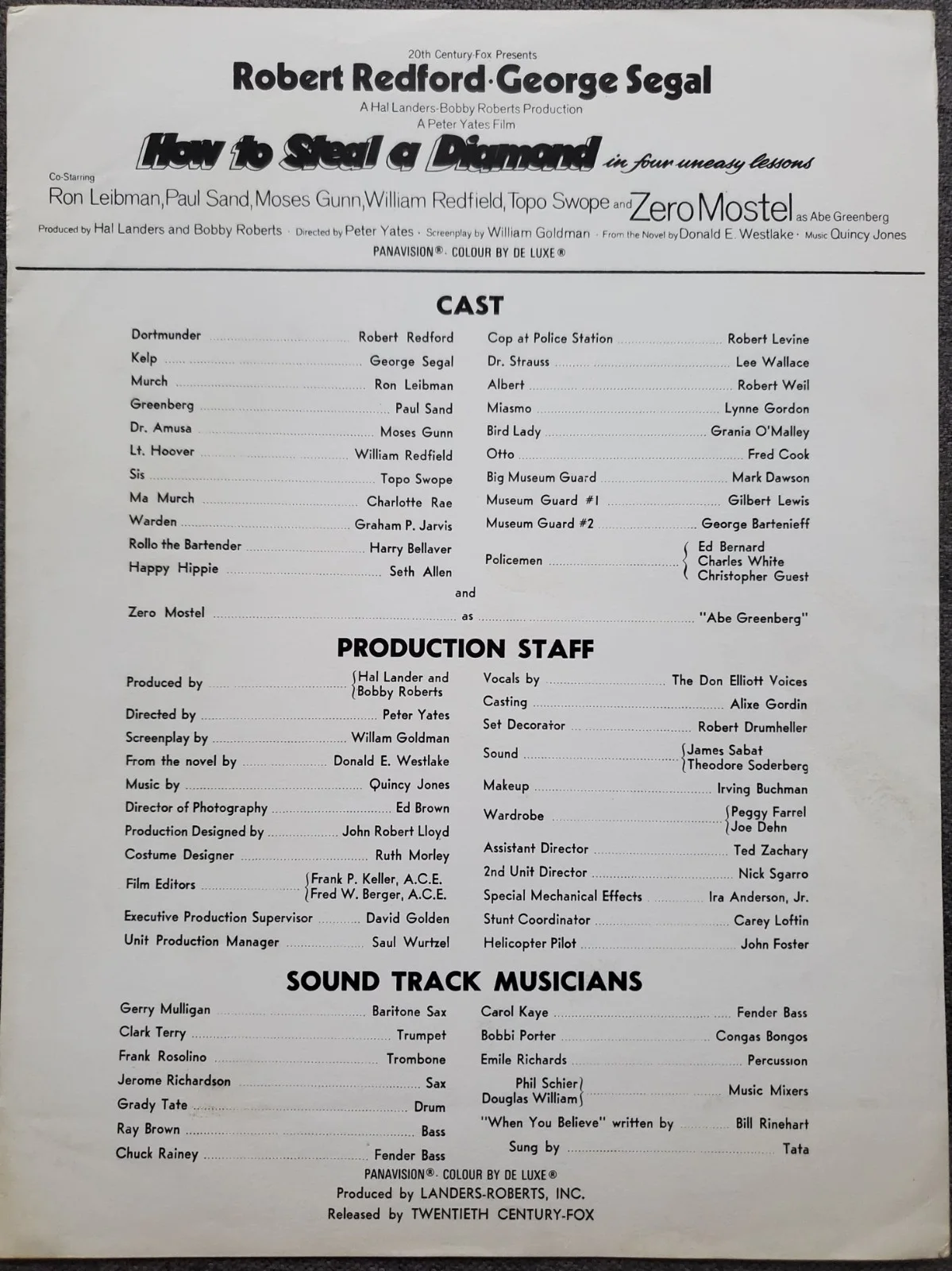 ROBERT REDFORD - HOW TO STEAL A DIAMOND - VINTAGE 1972 SYNOPSIS SHEET, image 2