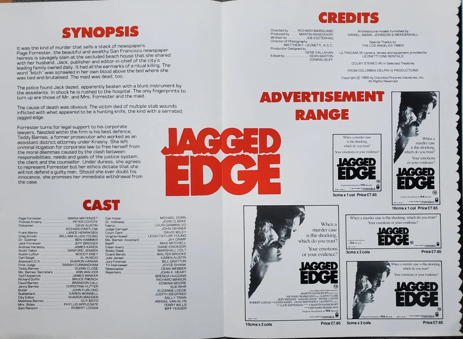 JAGGED EDGE - VINTAGE ORIGINAL 1985 UK PRESSBOOK - GLENN CLOSE, JEFF BRIDGES, image 2