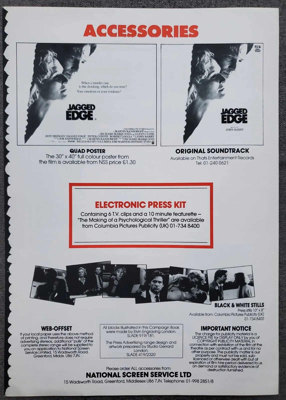 JAGGED EDGE - VINTAGE ORIGINAL 1985 UK PRESSBOOK - GLENN CLOSE, JEFF BRIDGES, image 3