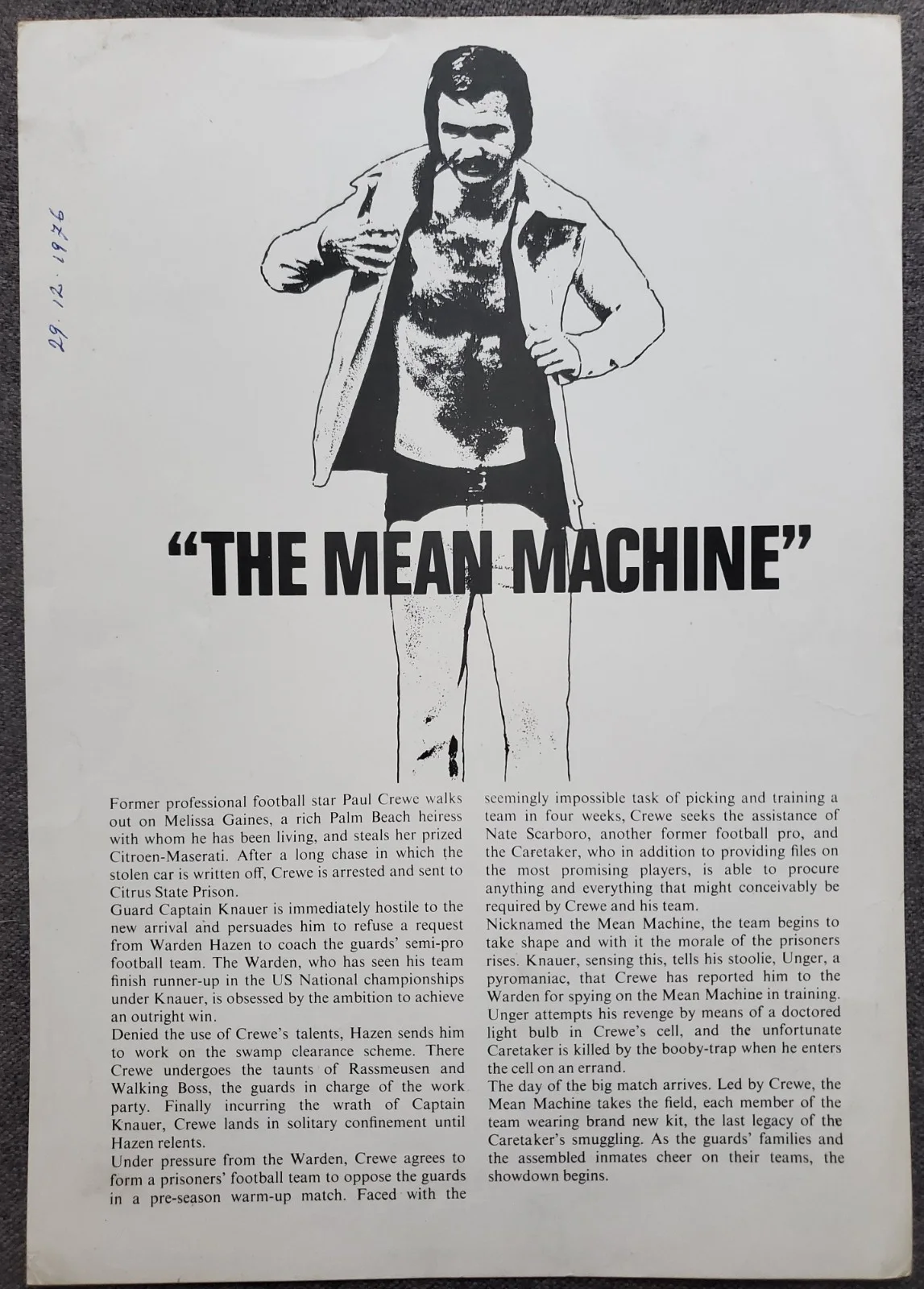 BURT REYNOLDS - TWO VINTAGE 1974 SYNOPSIS SHEETS - MEAN MACHINE & CAT DANCING, image 2