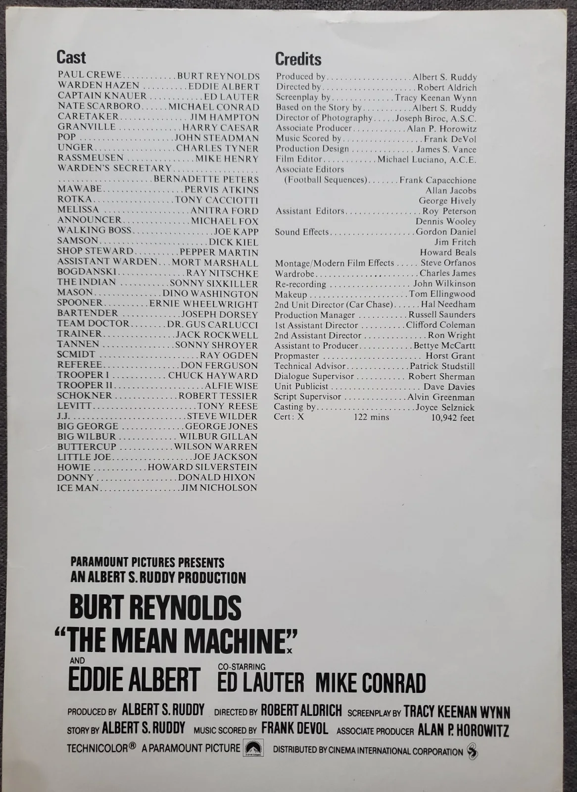 BURT REYNOLDS - TWO VINTAGE 1974 SYNOPSIS SHEETS - MEAN MACHINE & CAT DANCING, image 3