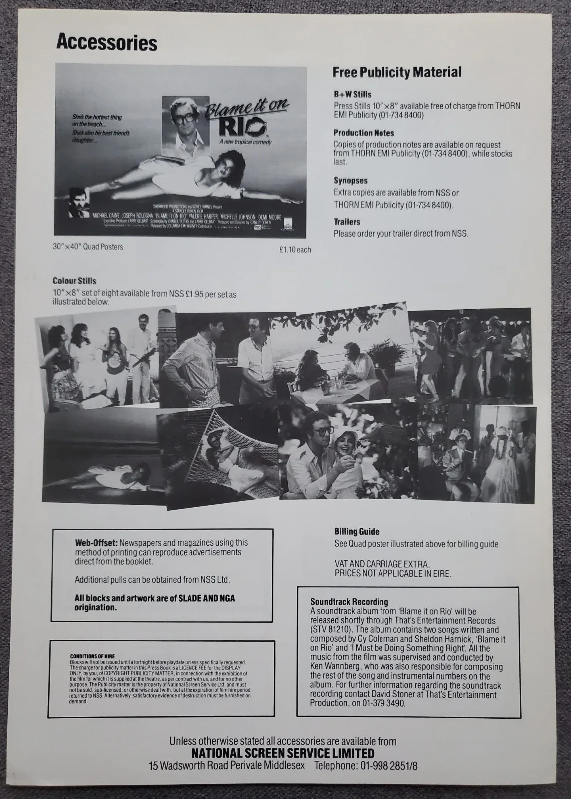 BLAME IT ON RIO - VINTAGE 1984 PRESSBOOK - MICHAEL CAINE, MICHELLE JOHNSON, изображение 4