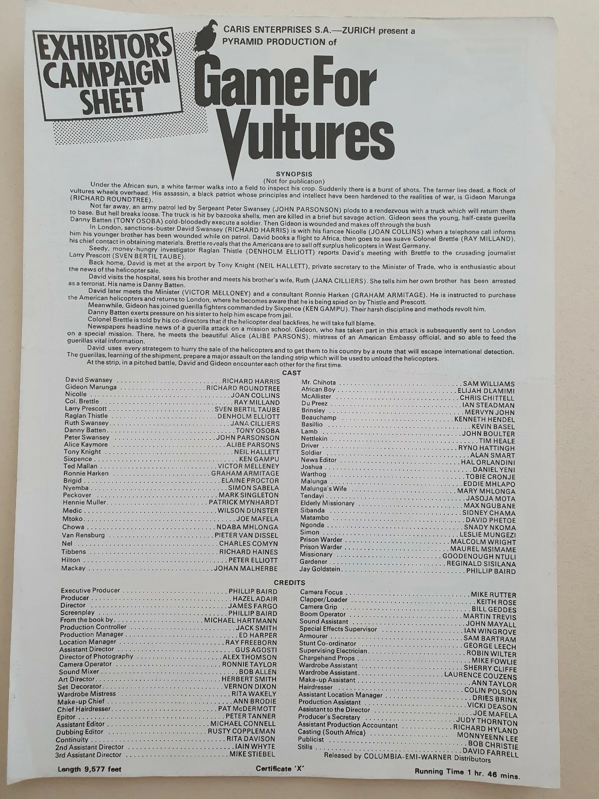 JOAN COLLINS - GAME FOR VULTURES - 2 VINTAGE ORIGINAL PRESS AD & SYNOPSIS SHEETS, image 3