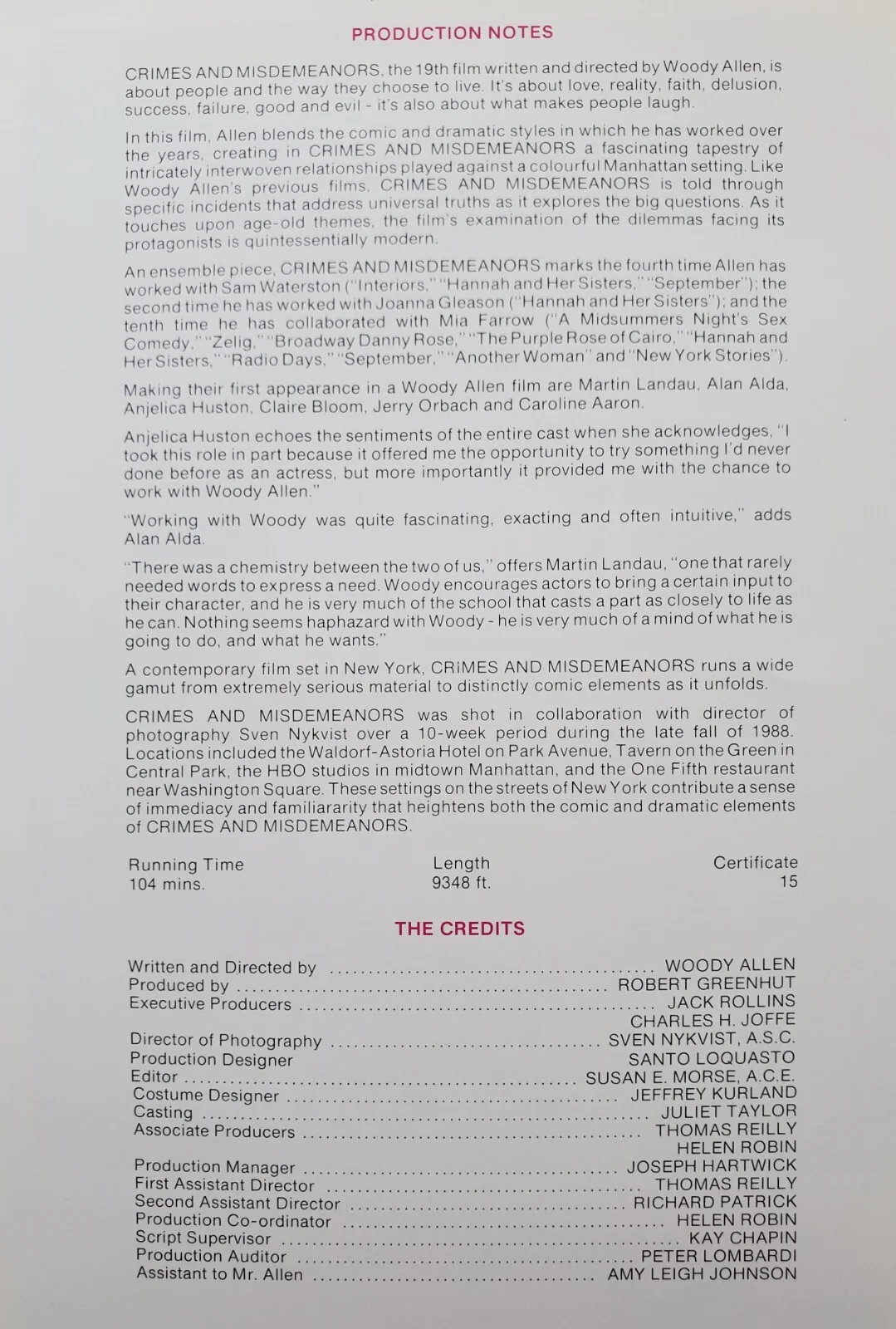 CRIMES AND MISDEMEANORS - VINTAGE ORIGINAL 1989 SYNOPSIS BOOKLET - WOODY ALLEN, изображение 3