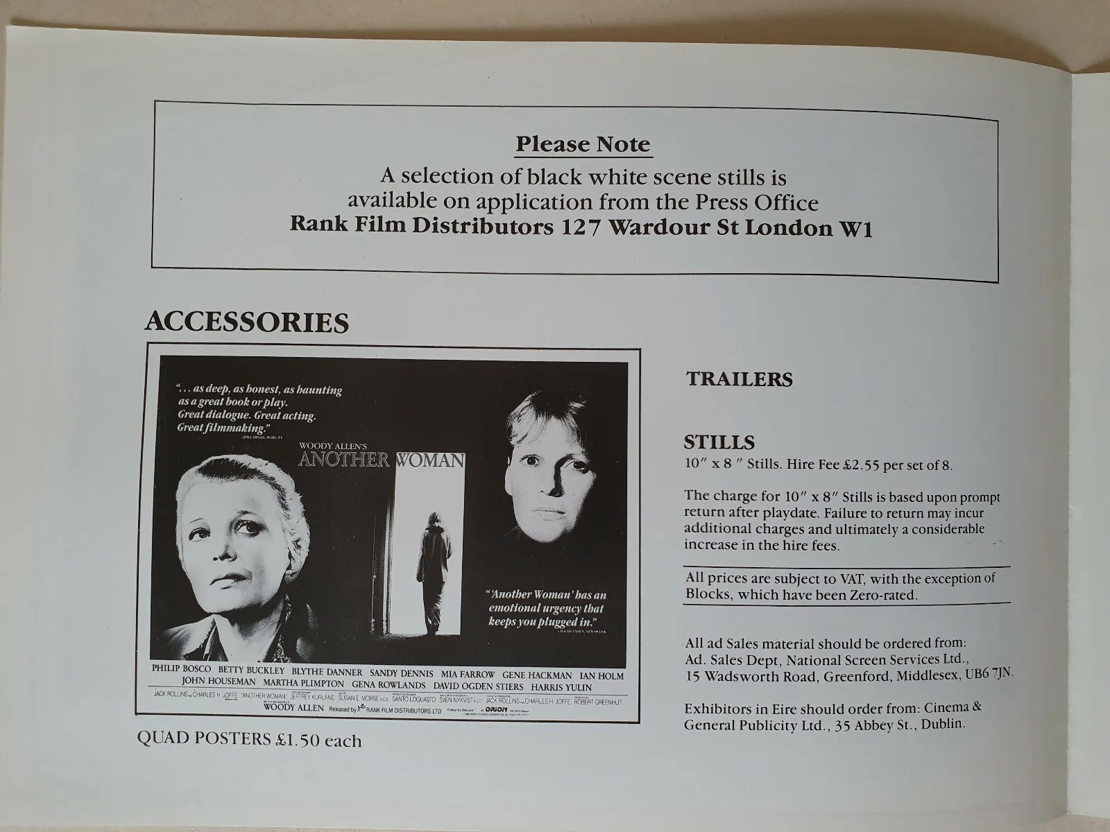 WOODY ALLEN - ANOTHER WOMAN - VINTAGE PRESSBOOK & SYNOPSIS BOOKLET - MIA FARROW, изображение 2
