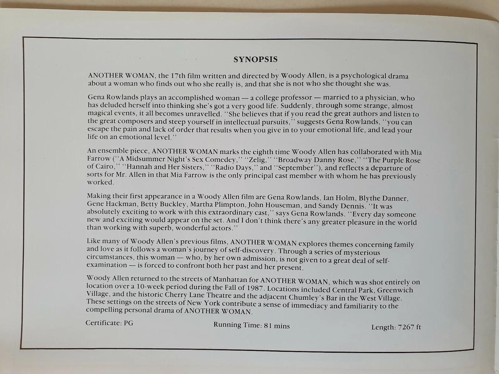 WOODY ALLEN - ANOTHER WOMAN - VINTAGE PRESSBOOK & SYNOPSIS BOOKLET - MIA FARROW, изображение 5