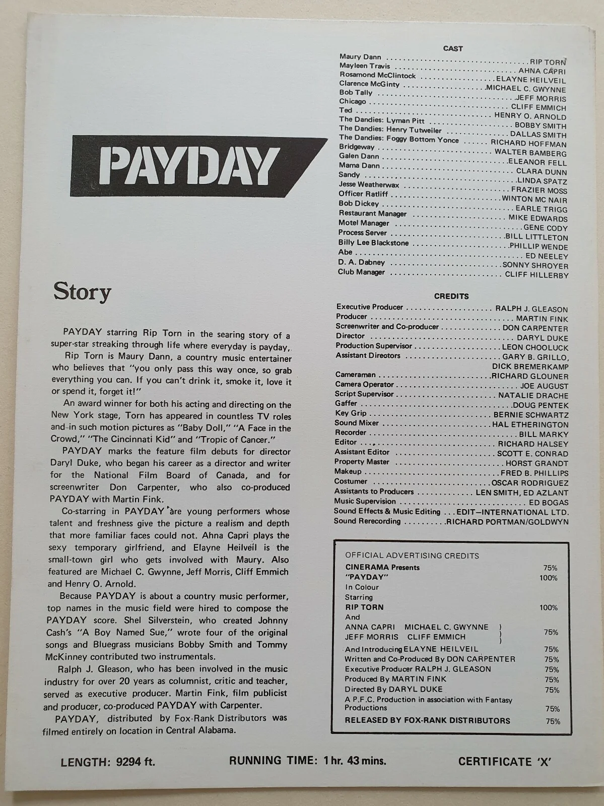 PAYDAY - VINTAGE ORIGINAL 1973 PRESS INFO SYNOPSIS SHEET - RIP TORN, AHNA CAPRI, image 2