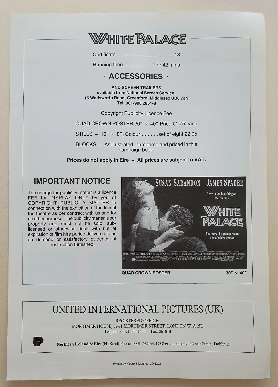 WHITE PALACE - VINTAGE PRESS AD SHEET & SYNOPSIS BOOKLET - SUSAN SARANDON, изображение 2
