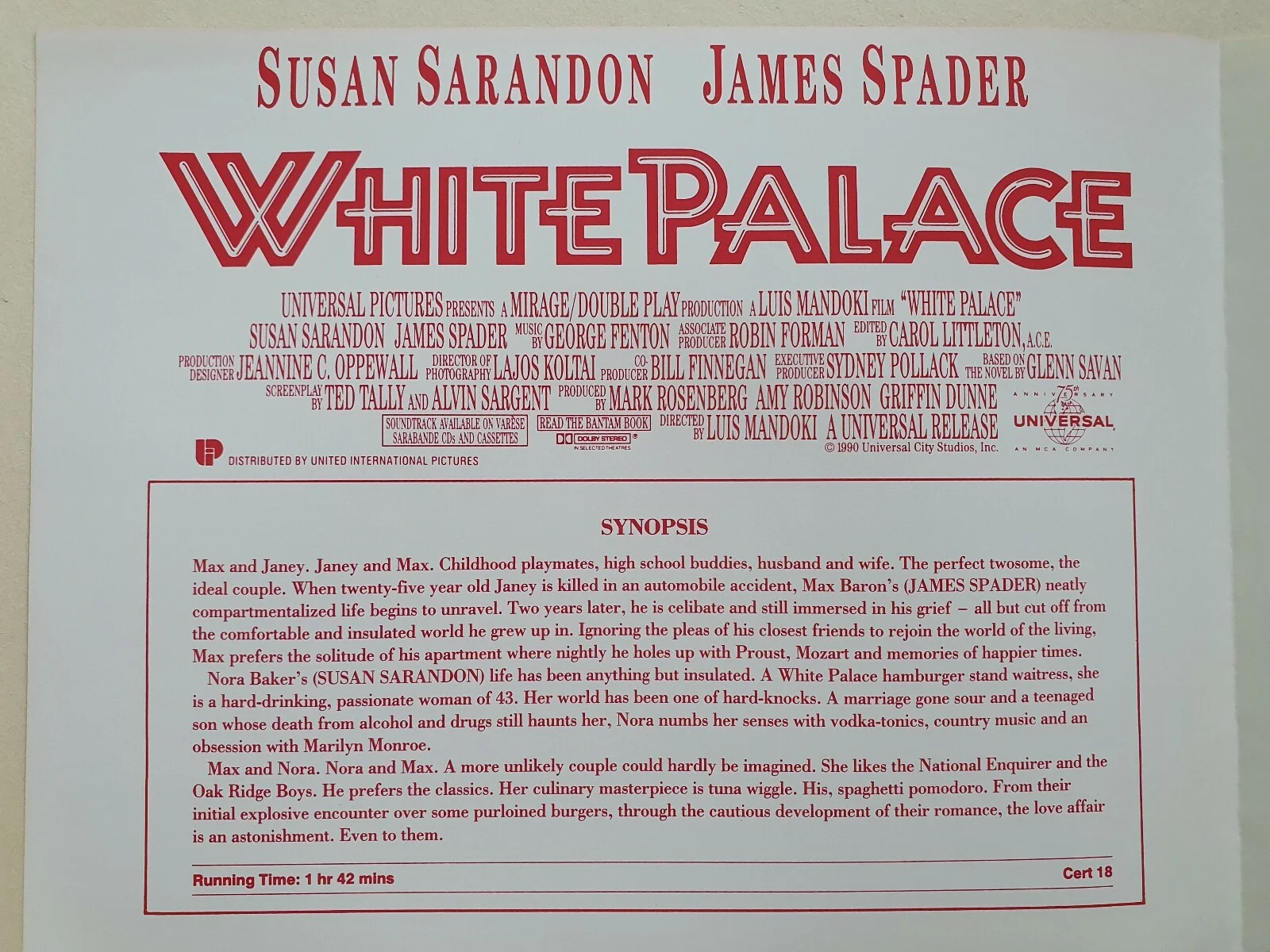 WHITE PALACE - VINTAGE PRESS AD SHEET & SYNOPSIS BOOKLET - SUSAN SARANDON, изображение 3