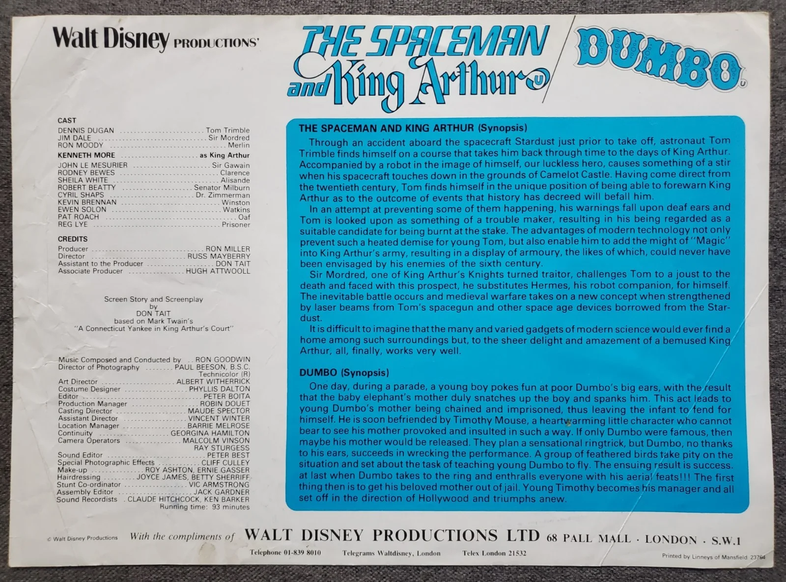 DISNEY - SPACEMAN & KING ARTHUR - VINTAGE 1979 SYNOPSIS - JIM DALE, SHEILA WHITE, image 2