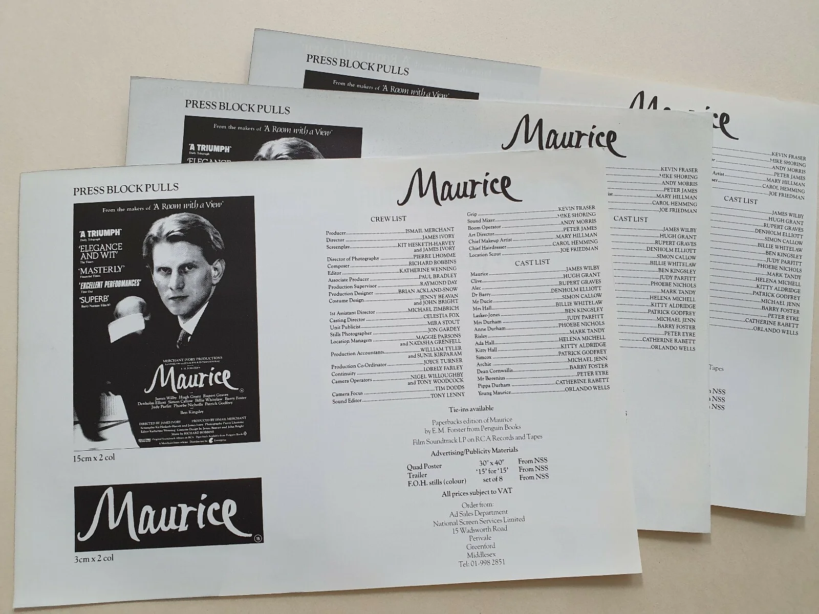 MAURICE - 3 VINTAGE ORIGINAL PRESS INFO SYNOPSIS SHEETS - JAMES WILBY, GAY INT., изображение 2