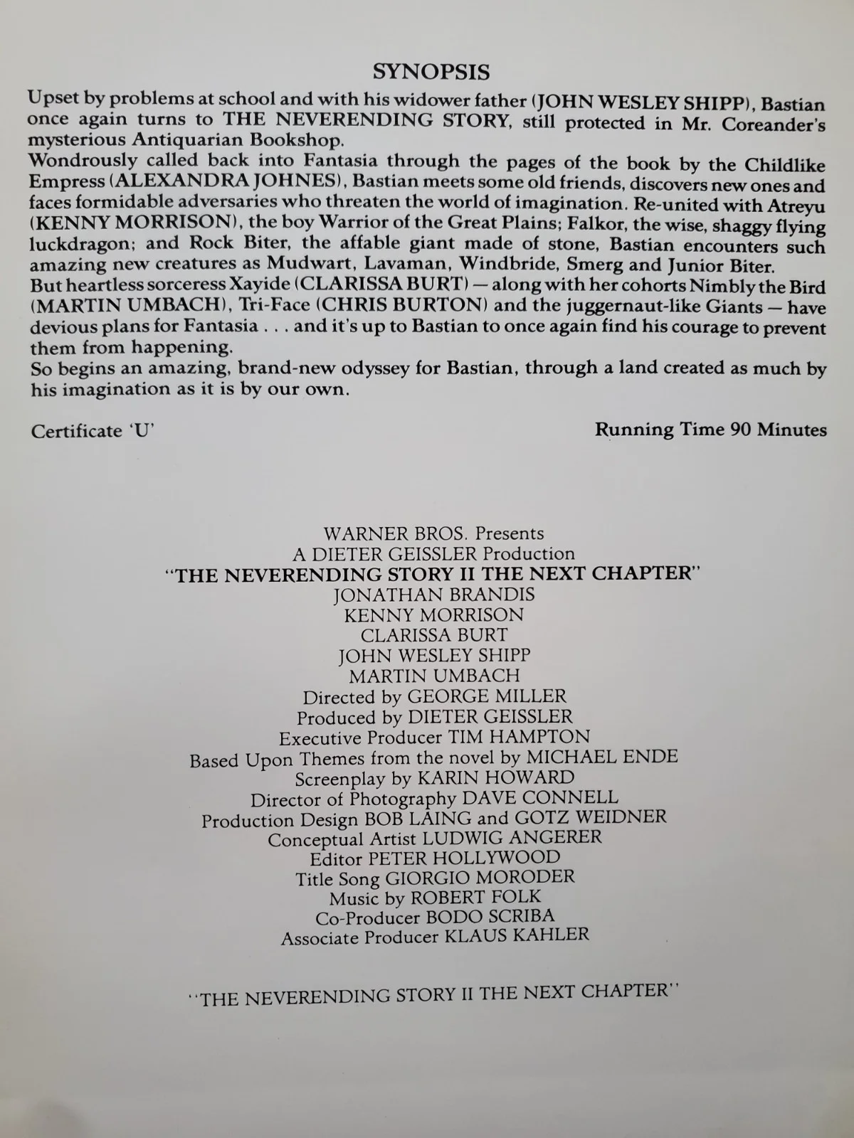 THE NEVER ENDING STORY II - VINTAGE ORIGINAL PRESS INFO SYNOPSIS SHEET, image 2