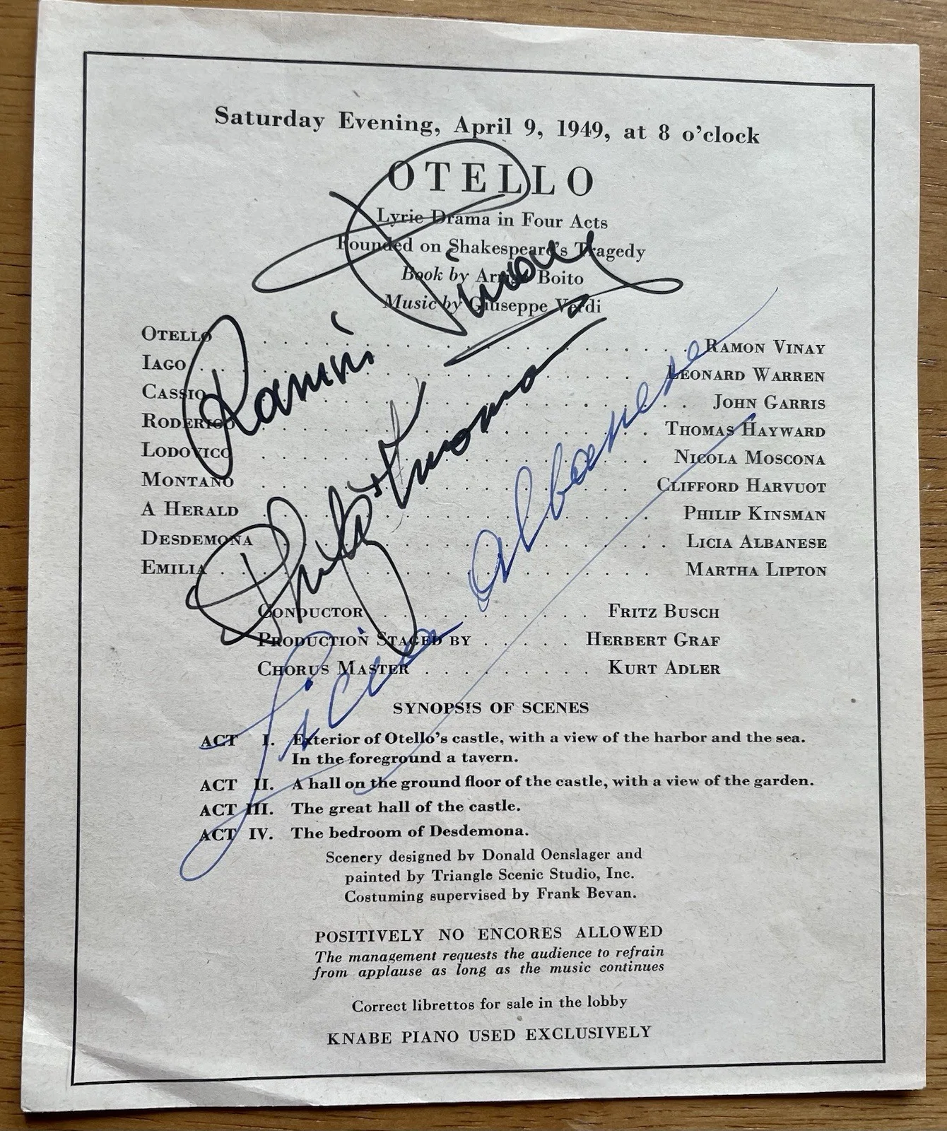 Autographs of Opera Singers Ramon Vinay, Philip Kinsman & Licia Albanese "Otello, изображение 2