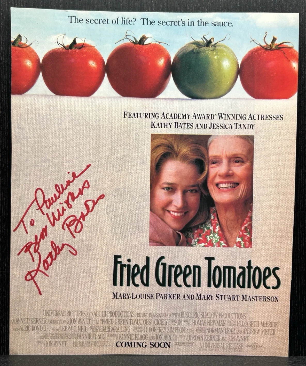 Kathy Bates — KATHY BATES SIGNED MAGAZINE AD & NOTE * JSA COA Autograph FRIED GREEN TOMATOES, image 2
