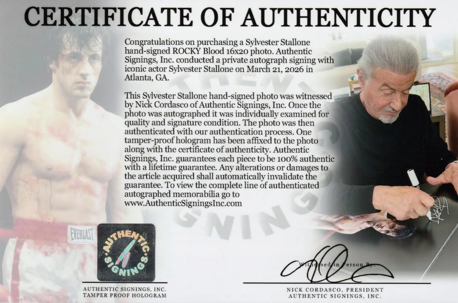 Sylvester Stallone — Sylvester Stallone Autographed Rocky Balboa Blood 16x20 Photo ASI Proof, image 2
