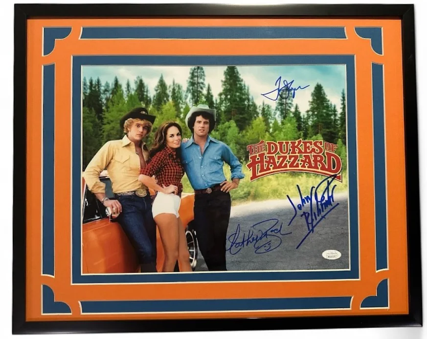 John Schneider Catherine Bach, Tom Wopat — Dukes of Hazzard Cast Signed 11x14 Framed Photo – Schneider, Bach, Wopat (JSA)