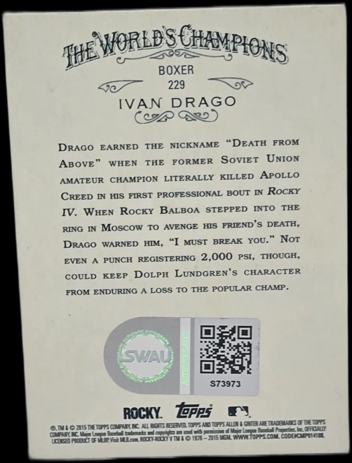 dolph lundgren — Dolph Lundgren Signed 2015 Topps Allen & Ginter Ivan Drago Card #229 SWAU #5, image 2