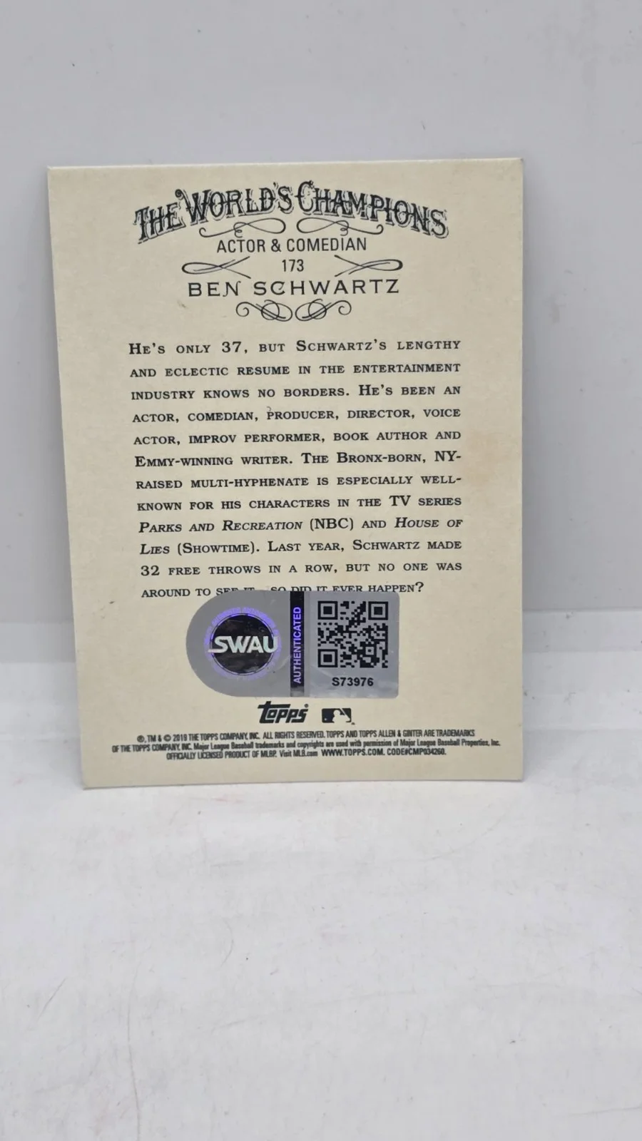 ben schwartz — Ben Schwartz Signed 2019 Topps Allen & Ginter Card #173 SWAU #2, image 2