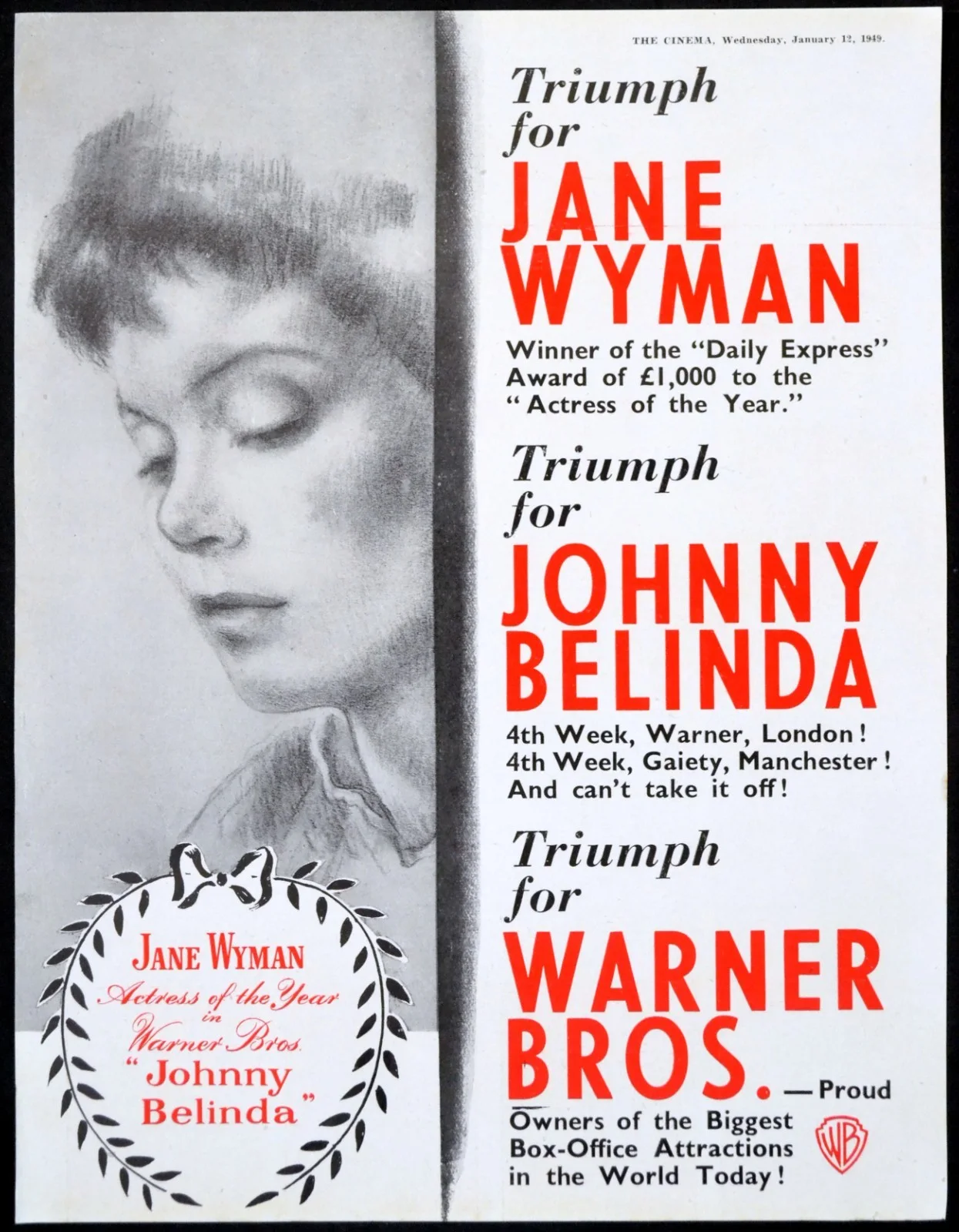 JOHNNY BELINDA 1948 Jane Wyman, Lew Ayres 5 TRADE ADVERTS, изображение 2