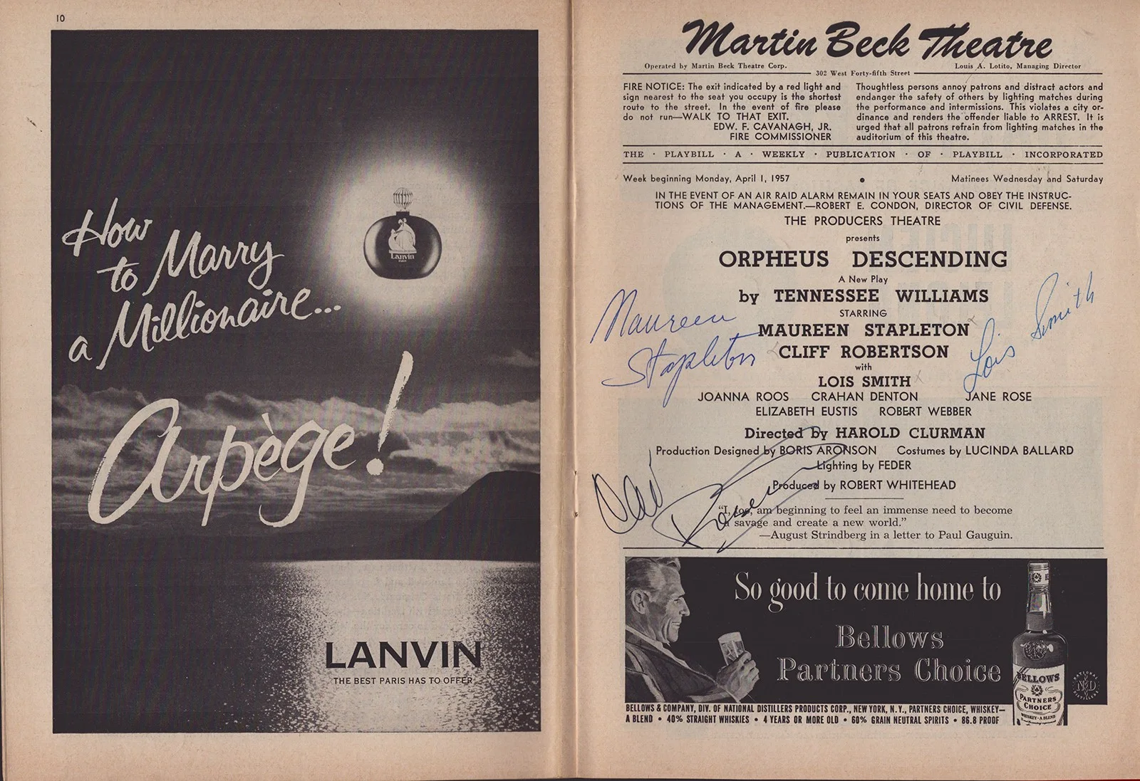 Orpheus Descending Broadway Cast, Lois Smith — ORPHEUS DESCENDING BROADWAY CAST - SHOW BILL SIGNED WITH CO-SIGNERS, изображение 2