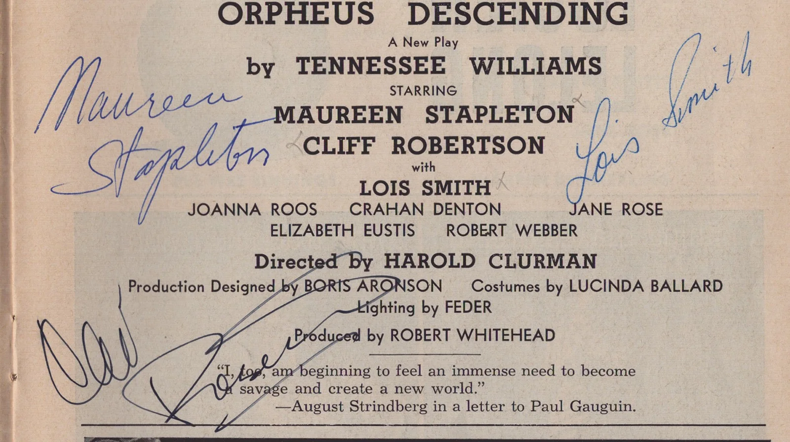 Orpheus Descending Broadway Cast, Lois Smith — ORPHEUS DESCENDING BROADWAY CAST - SHOW BILL SIGNED WITH CO-SIGNERS, изображение 3