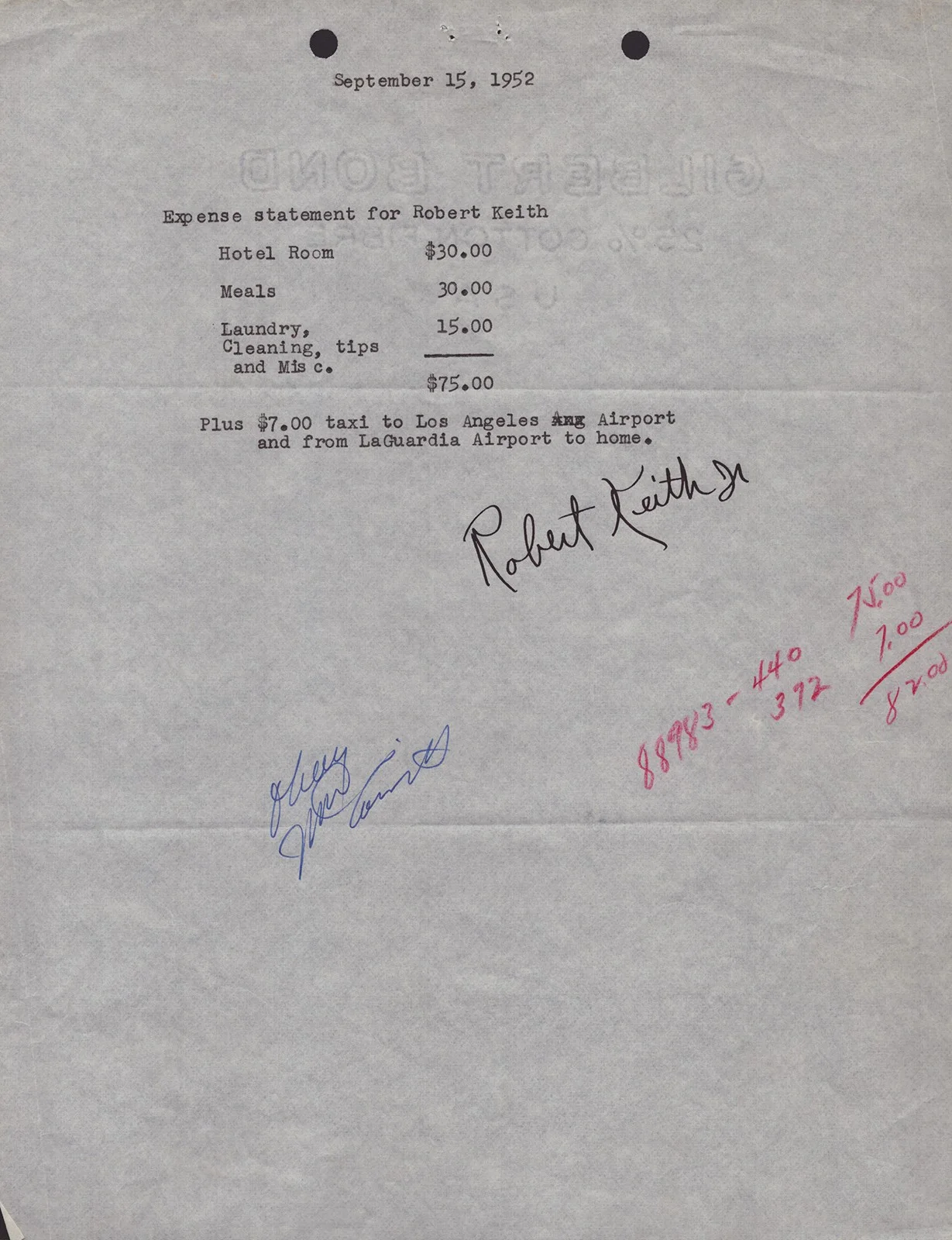 Brian Keith — BRIAN KEITH - DOCUMENT SIGNED 09/15/1952