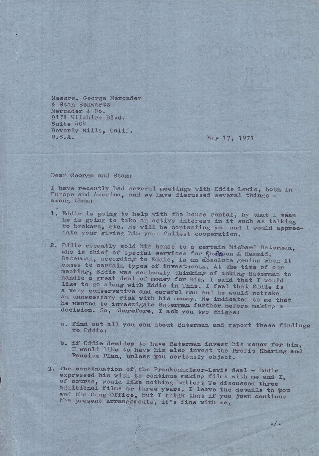 John Frankenheimer — JOHN FRANKENHEIMER - TYPED LETTER SIGNED 05/17/1971, image 3