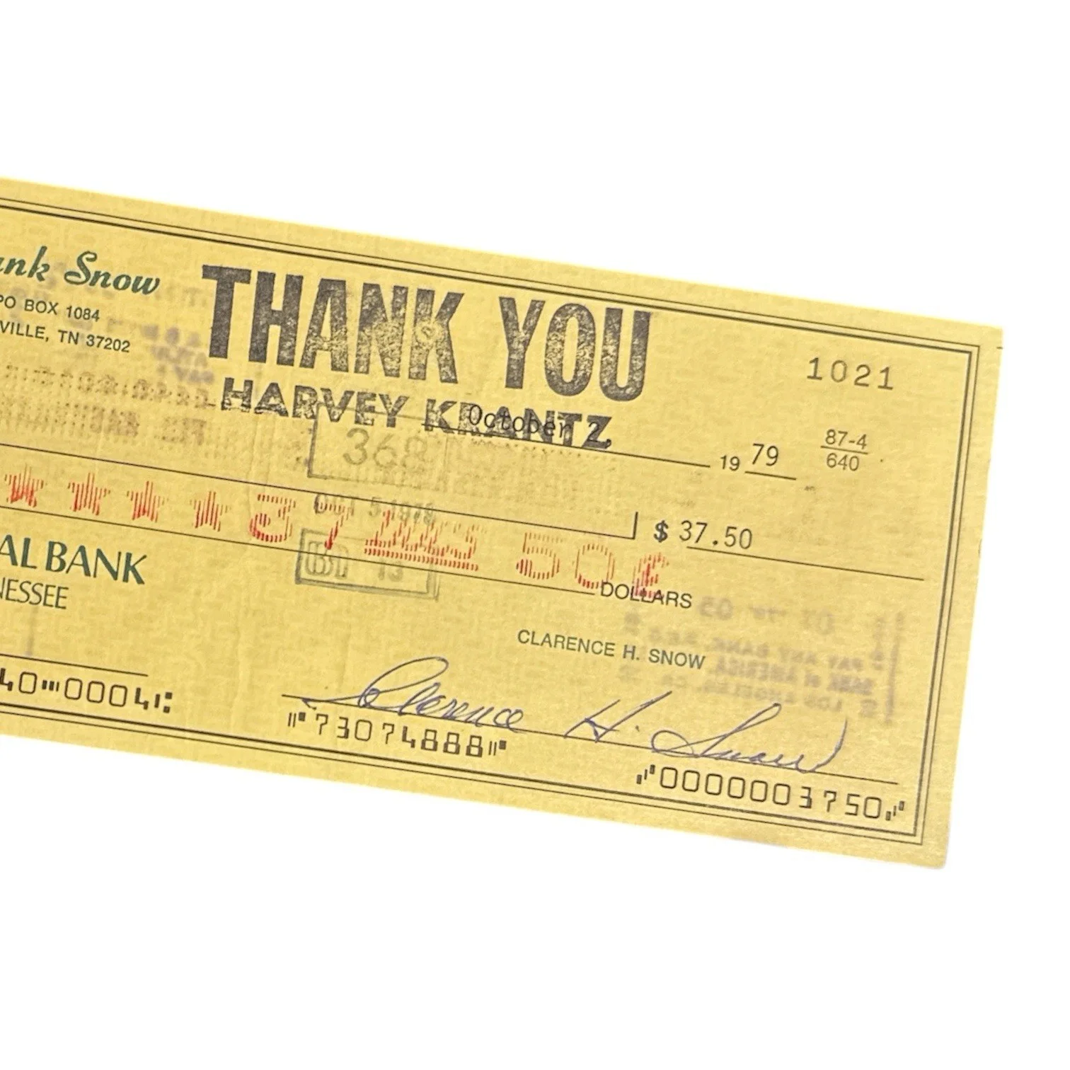 Hank Snow Signed Autograph PERSONAL BANK CHECK to Harvey Krantz Costume Designer, image 2