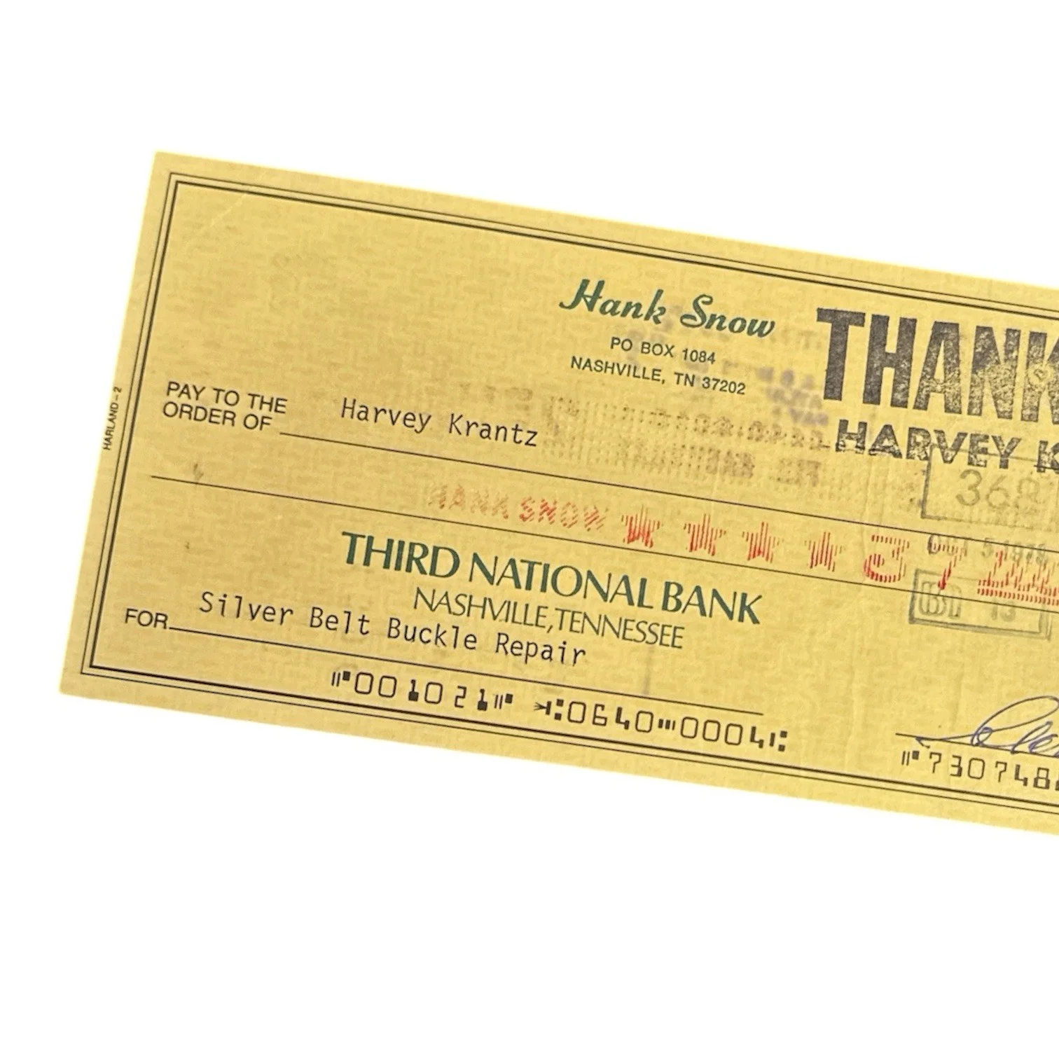 Hank Snow Signed Autograph PERSONAL BANK CHECK to Harvey Krantz Costume Designer, image 3