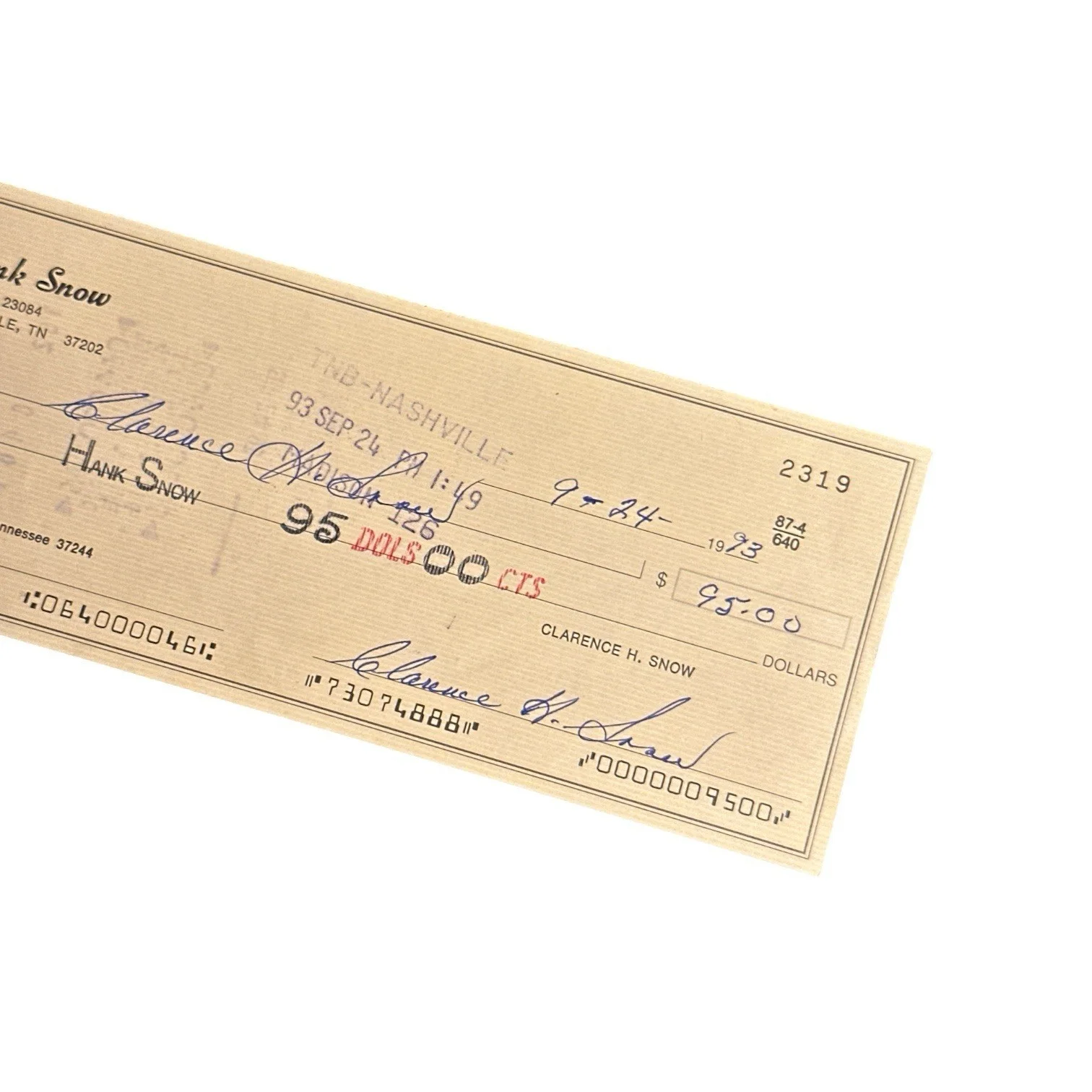 Hank Snow Autographed PERSONAL BANK CHECK to SELF! Signed 3x! HOF Singing Ranger, изображение 2