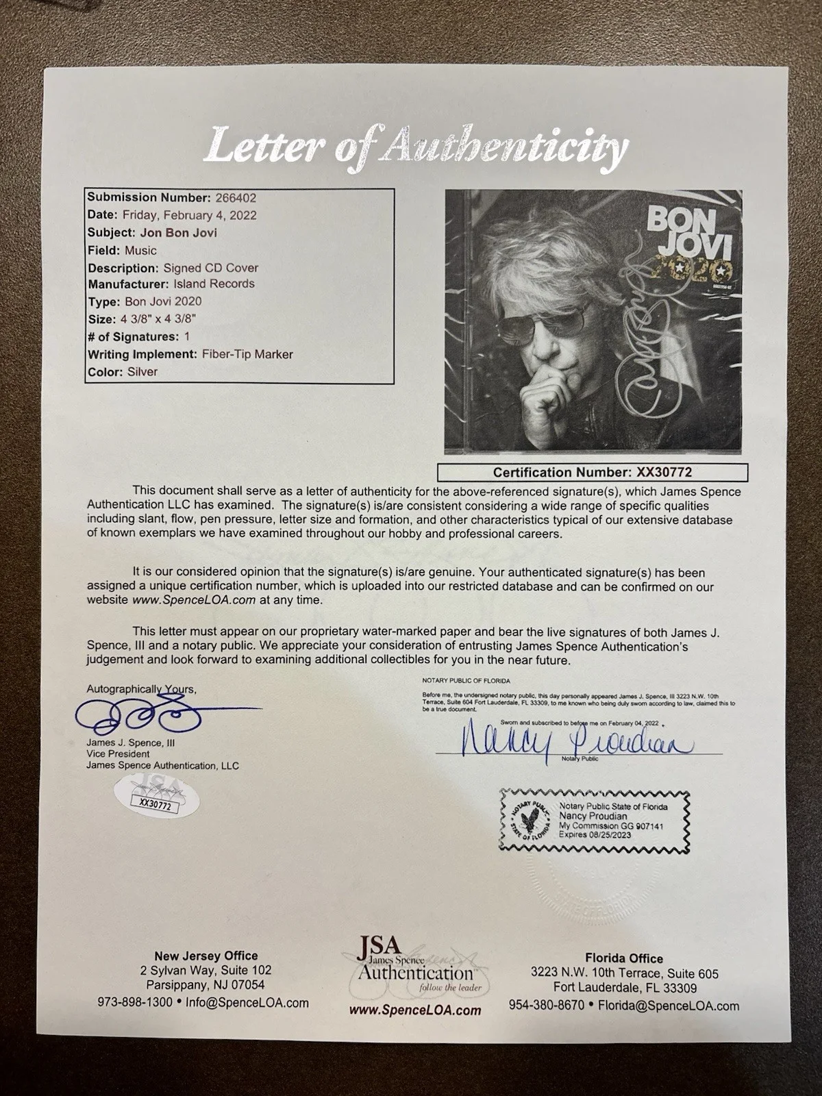 JON BON JOVI SIGNED 2020 CD COVER FRAMED SINGER SLIPPERY WHEN WET CRUSH JSA, изображение 4