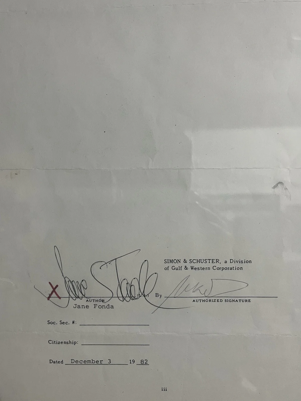 Jane Fonda Simon & Schuster Autographed Contract December 3, 1982, изображение 2