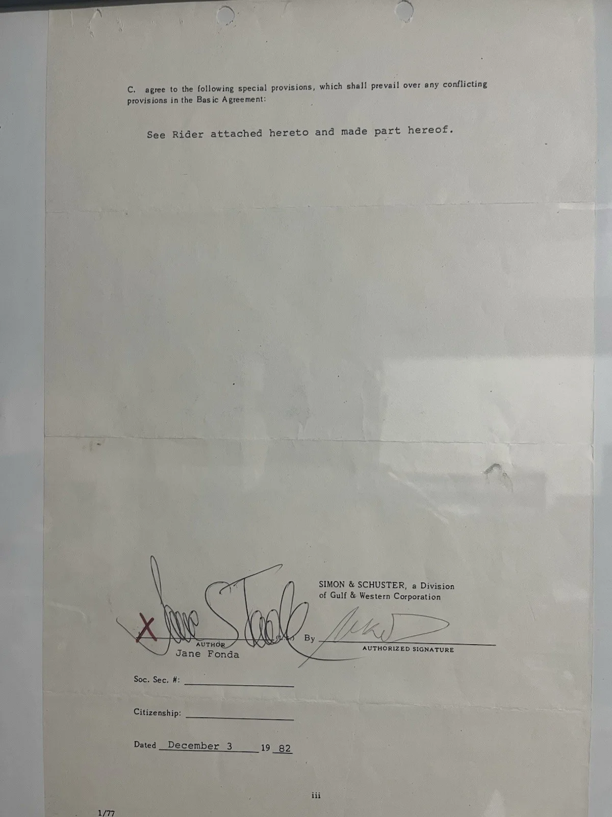 Jane Fonda Simon & Schuster Autographed Contract December 3, 1982, изображение 3