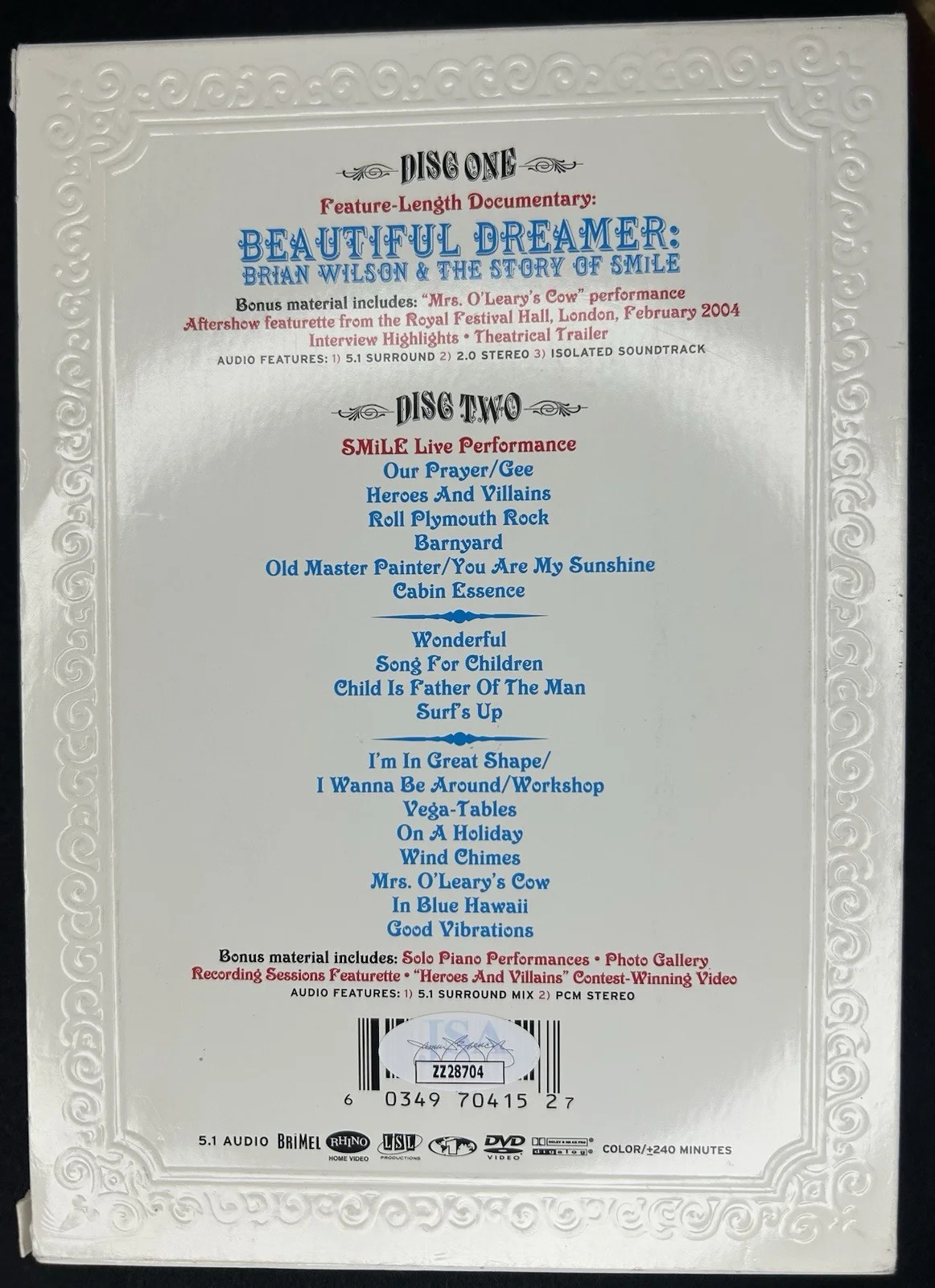 🔥 BEACH BOYS SMILE DVD SIGNED BRIAN WILSON JARDINE LOVE JOHNSTON MARKS JSA 🔥, изображение 5