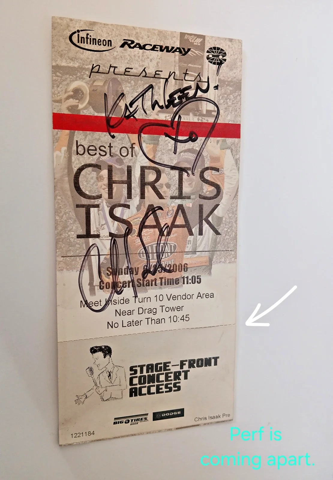 Chris Isaak Autographed Signed Ticket 2006 Infineon Raceway Big O Tires & Dodge, изображение 2