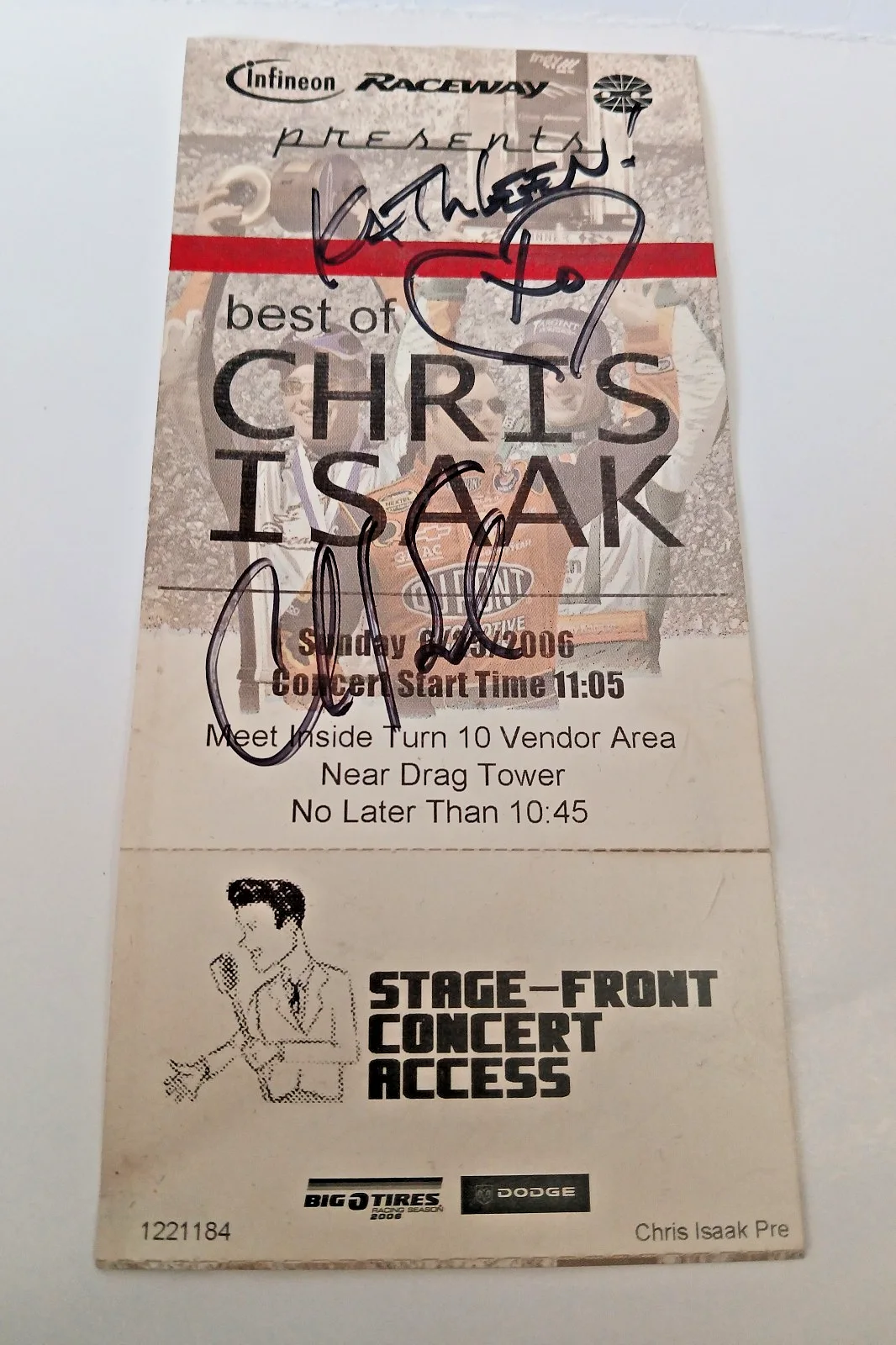 Chris Isaak Autographed Signed Ticket 2006 Infineon Raceway Big O Tires & Dodge, изображение 3