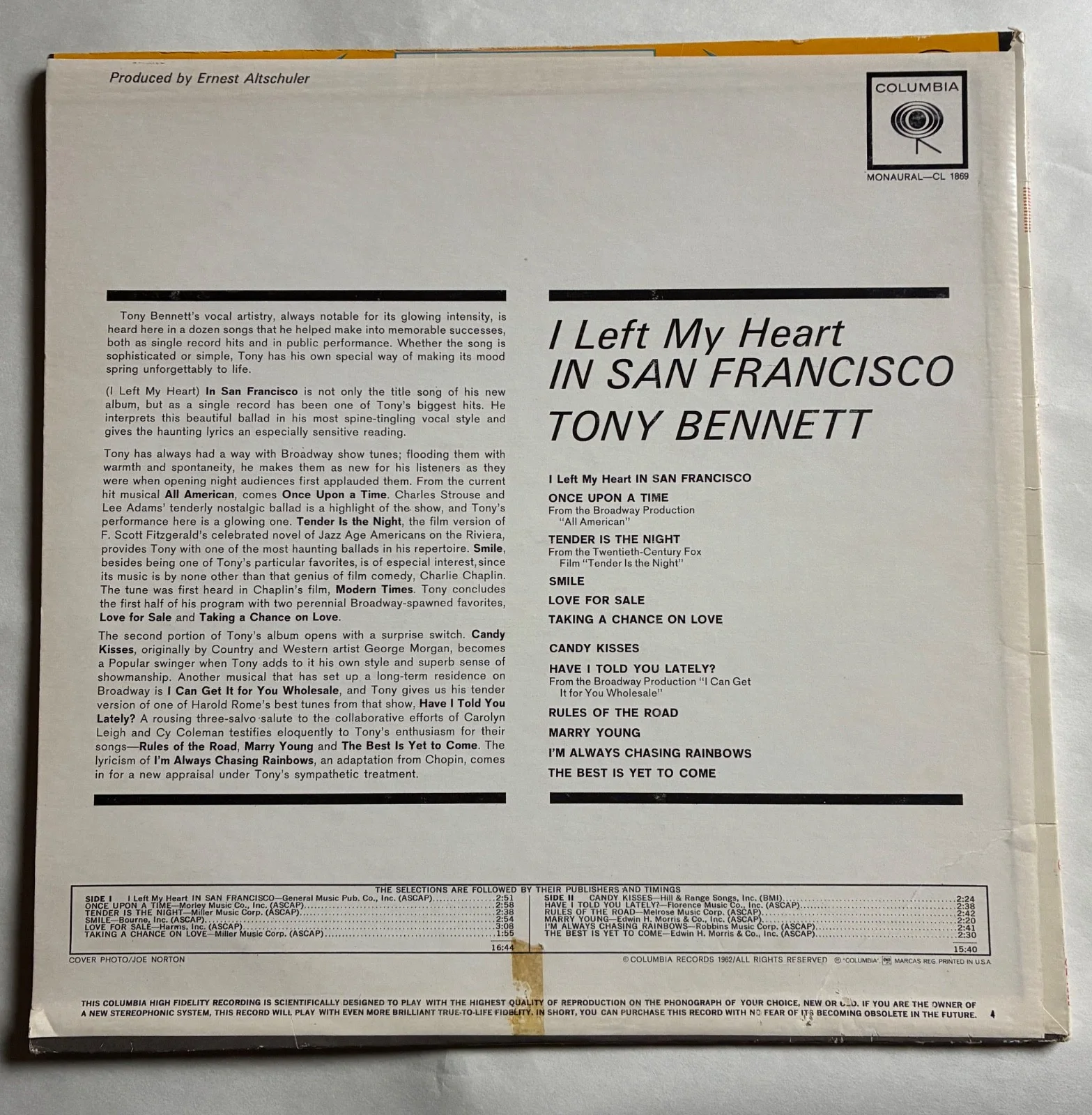 Tony Bennett Autographed Copy I Left My Heart In San Francisco (1962 pressing), изображение 5