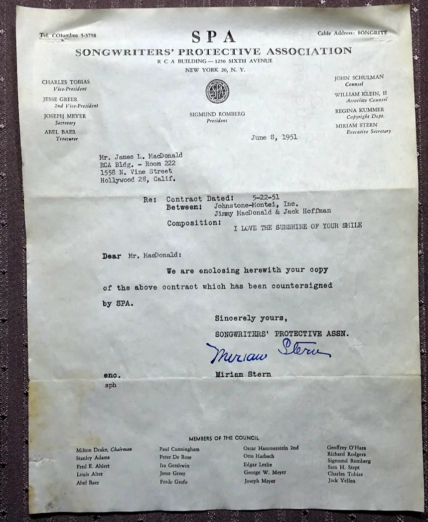 1951 Signed Music Contract JIMMY MACDONALD JACK HOFFMAN Kem records JOHNSTONE, изображение 5