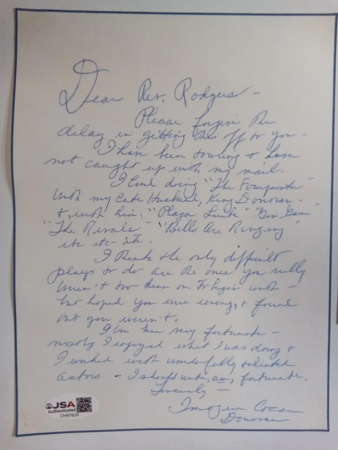 Imogene Coca Signed Hand-written Letter JSA- Personal Stationery ALS, изображение 2