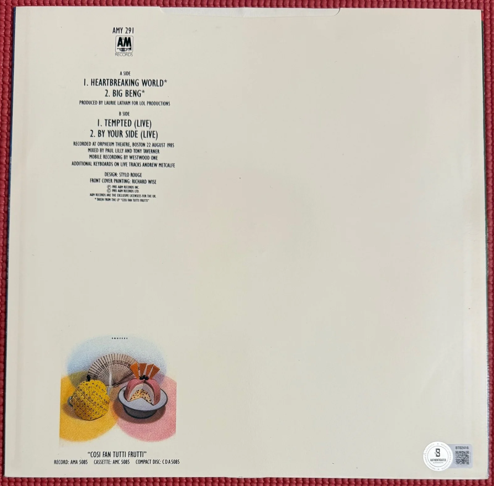 BECKETT signed GLENN TILBROOK autographed "SQUEEZE/HEARTBREAKING WORLD" 10" EP, image 4