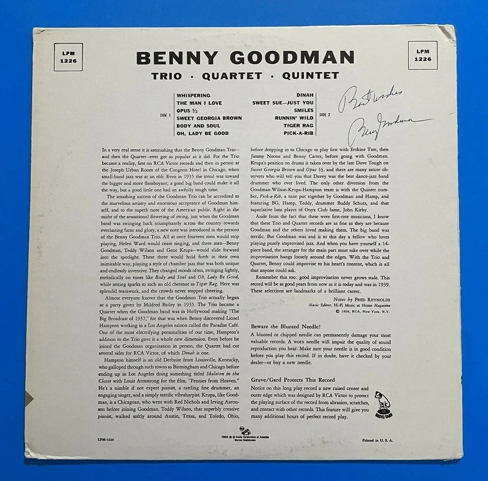 1956 Benny Goodman Signed Autographed Trio Quartet Quintet LP Album Vinyl, изображение 3